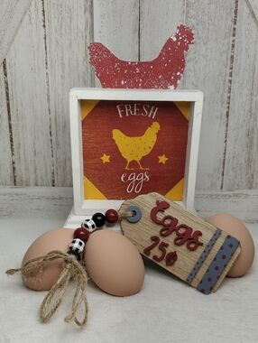Wooden Fresh Eggs Chicken Sign & Eggs .25 Cents Beaded Garland